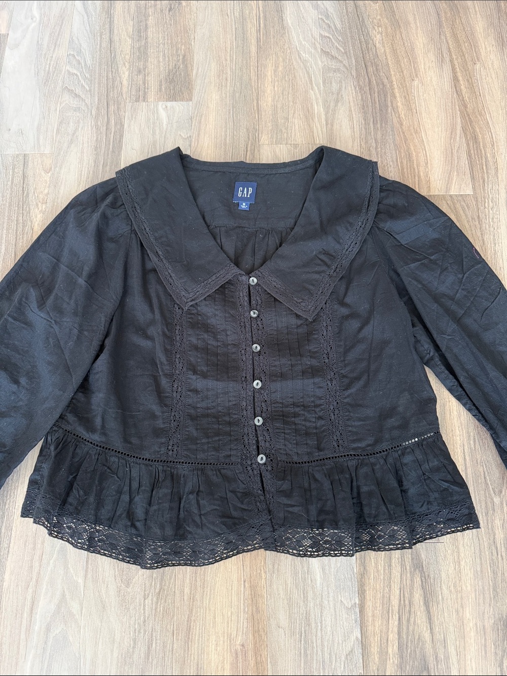 GAP Black Button-Front Peplum Blouse with Lace Trim